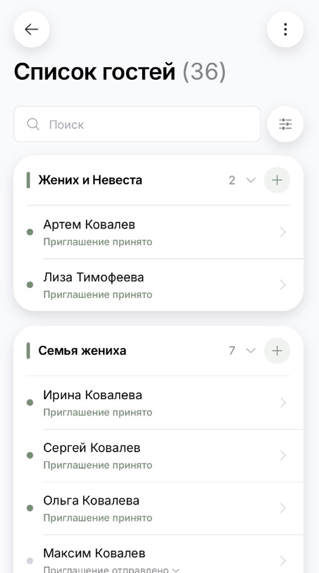 Экран списка гостей: тридцать шесть человек разложены по группам, у каждого виден ответ на приглашение