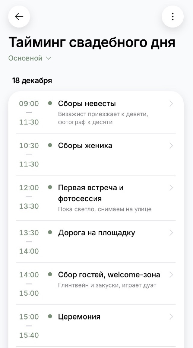 Экран тайминга: события свадебного дня со временем начала и конца, от сборов невесты до банкета