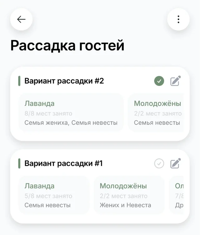 Экран приложения: два варианта рассадки, второй собран автоматически и отмечен как выбранный